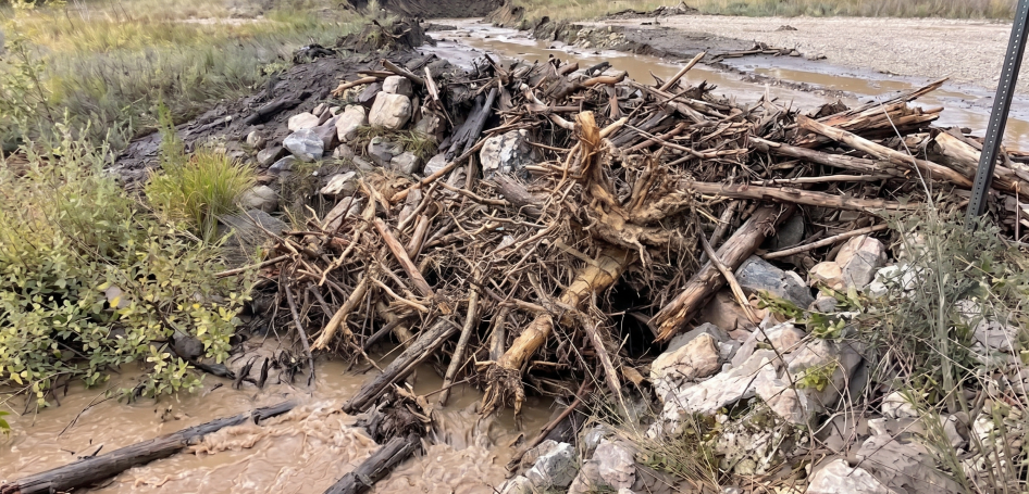Debris flow blocking a culvert crossing
