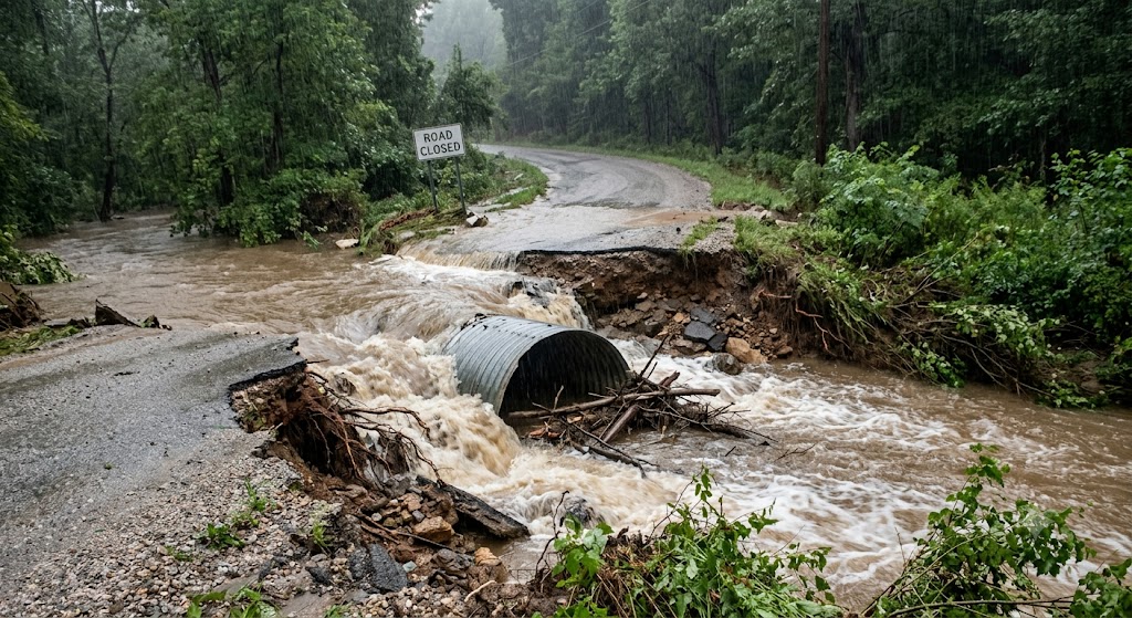 Road crossing washed out by flood flows